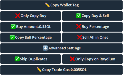 Pepeboost copy trading settings interface displaying recommended settings, along with buttons that let users customize and adjust their copy trading preferences.