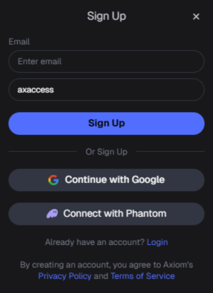 Sign-up form on Axiom showing a field to enter email, an early access code 'axaccess' already filled in, and a 'Sign Up' button.