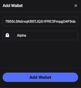 Add wallet section on Axiom with a pre-filled wallet address, a field to enter a name, and an 'Add Wallet' button.