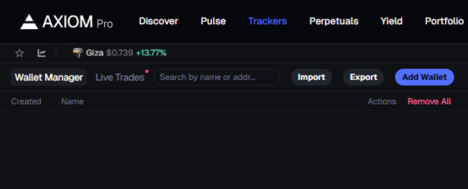 Wallet trackers section on Axiom showing a list of tracked wallets, with options to add a new wallet, and buttons to import or export wallets.