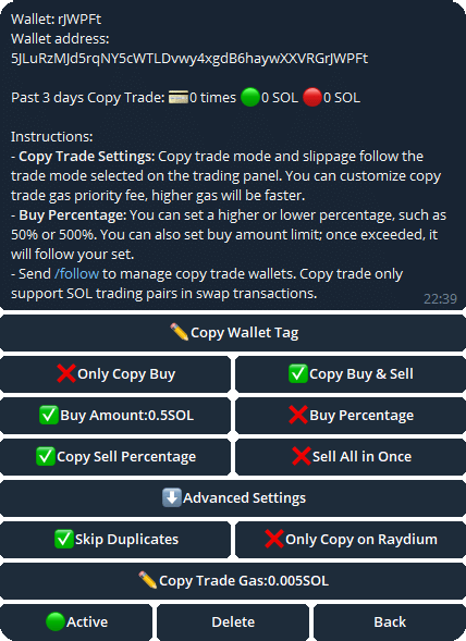 Pepeboost copy trading settings menu with buttons that allow users to customize how they copy trades.