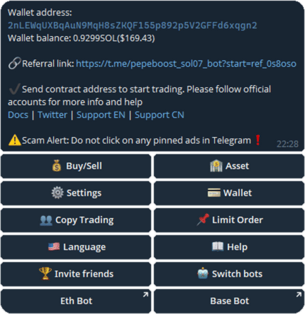 Pepeboost user interface displaying a Solana wallet address, current balance, and interactive buttons for copying trades and trading meme coins on the Solana blockchain.