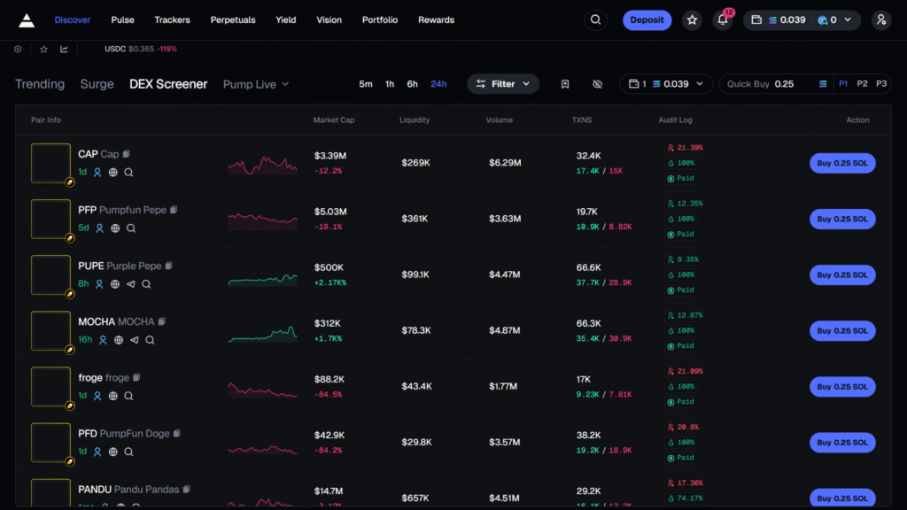 Axiom Dexscreener integration showing trending Solana meme coins with market cap, volume, and liquidity.