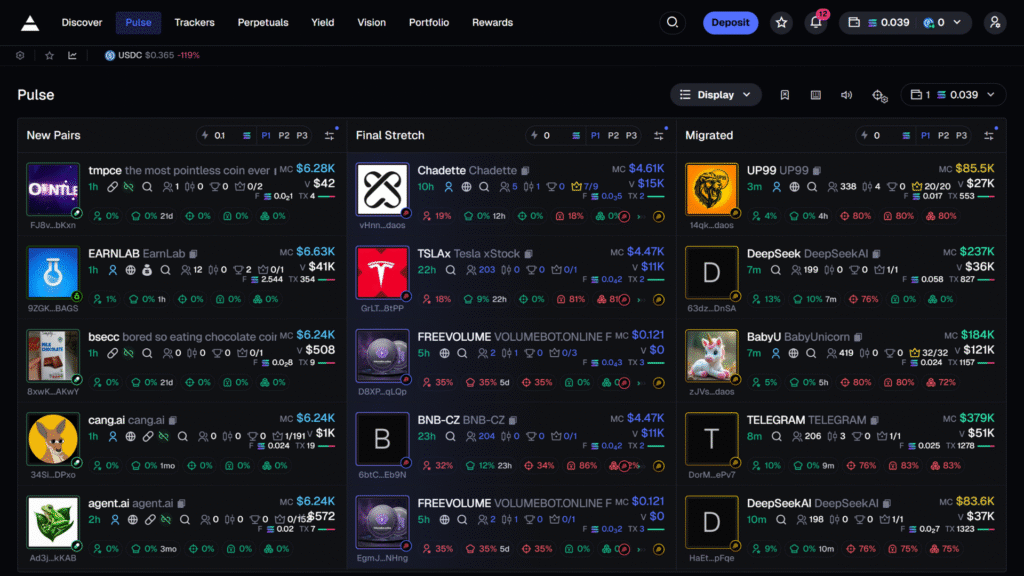 Axiom Pulse section showing new Solana token launches, Pump.fun pairs, and Raydium migrations.