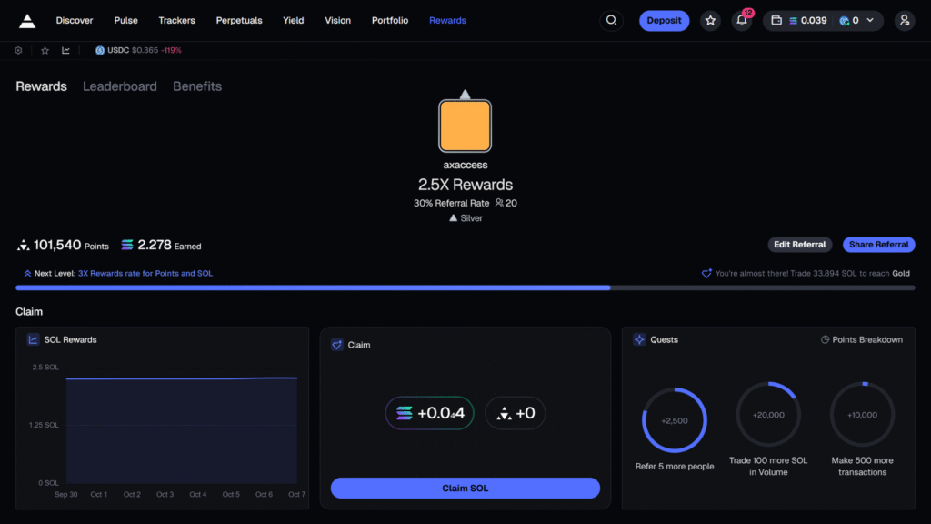 Axiom rewards dashboard showing SOL earnings, trading points, and missions for Solana traders.