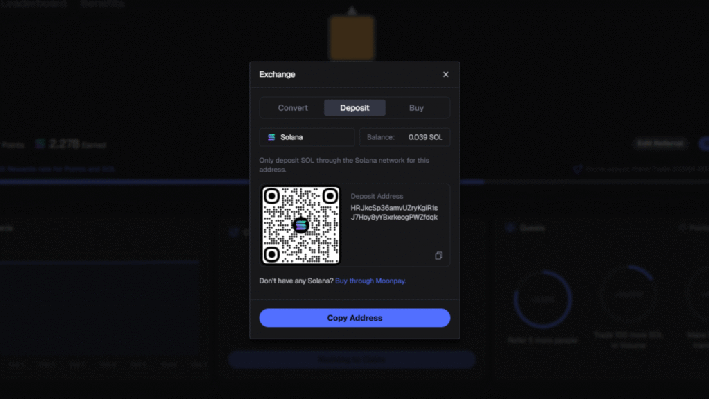 Axiom deposit interface for adding SOL to wallet.