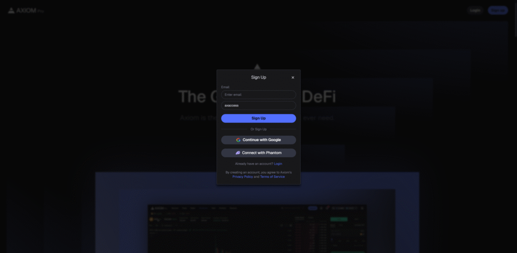 Axiom Solana platform sign-up and Phantom wallet connection.