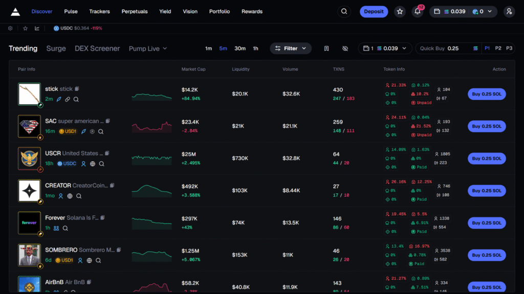 Axiom Trending dashboard showing real-time Solana meme coins with market cap, liquidity, and volume data.