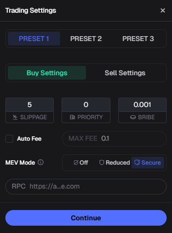 Recommended settings for trading Solana meme coins – priority fee, bribe, slippage, MEV protection.