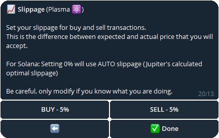 Based Bot slippage  fees settings menu showing recommended slippage settings and options to adjust them