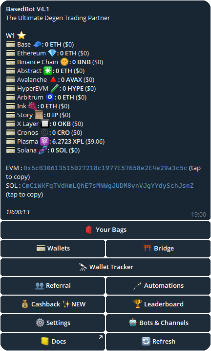 Based Bot user interface showing wallet address, balance, and options for buying and selling meme coins on XPL
