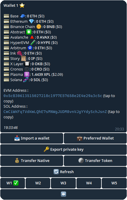 Based Bot wallet settings showing options for selecting active wallet, exporting private key, and transferring tokens