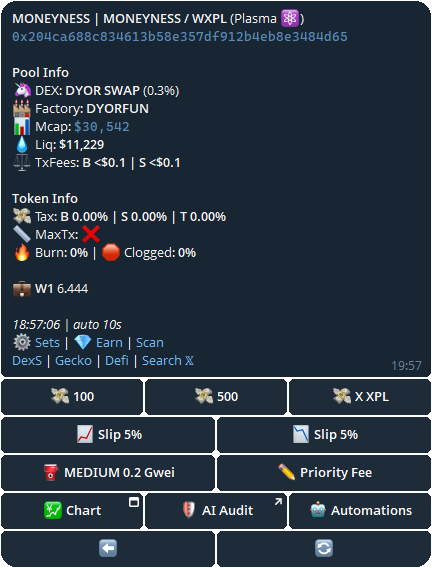 Based Bot buy menu showing options for purchasing meme coins on XPL after entering a contract address