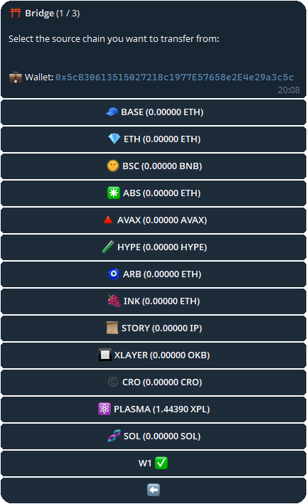Based Bot bridge menu showing options for bridging assets within the bot to XPL