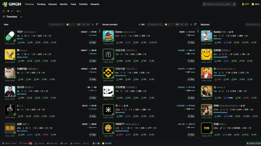 GMGN desktop dashboard for trading BNB meme coins