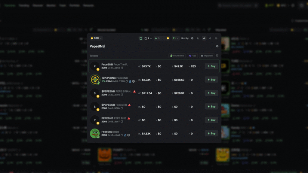 Searching for BNB meme coins on GMGN trading platform
