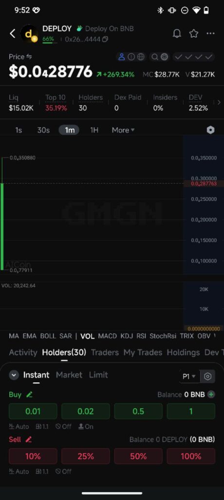 BNB meme coin buy screen on GMGN mobile app